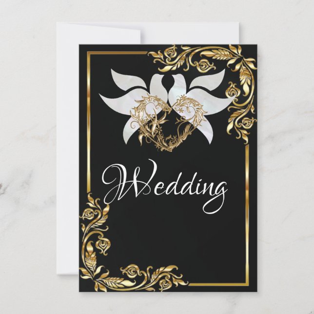 Doves, Heart & Gold Frame on Black Invitation (Front)