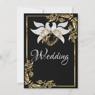 Doves, Heart & Gold Frame on Black Invitation