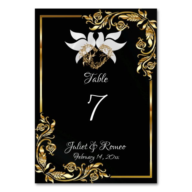 Doves, Heart & Gold Frame on Black Table Number (Front)