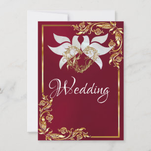 Doves, Heart & Gold Frame on Burgundy Invitation