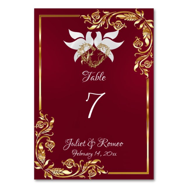 Doves, Heart & Gold Frame on Burgundy Table Number (Front)