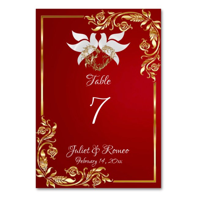 Doves, Heart & Gold Frame on Crimson Table Number (Front)