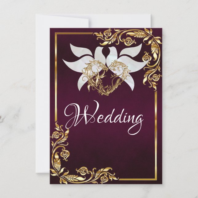 Doves, Heart & Gold Frame on Dark Purple Invitation (Front)