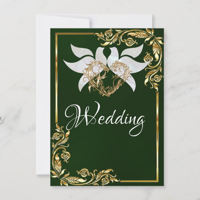 Doves, Heart & Gold Frame on Emerald Green Invitation (Front)