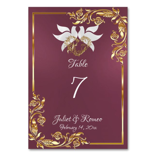 Doves, Heart & Gold Frame on Lavender Table Number (Front)