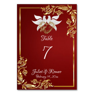Doves, Heart & Gold Frame on Ruby Red Table Number