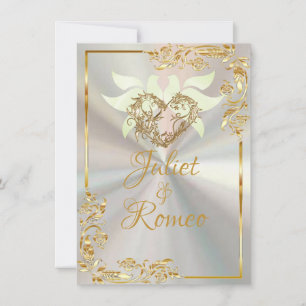 Doves, Heart & Gold Frame on White Pearl 2 Invitation