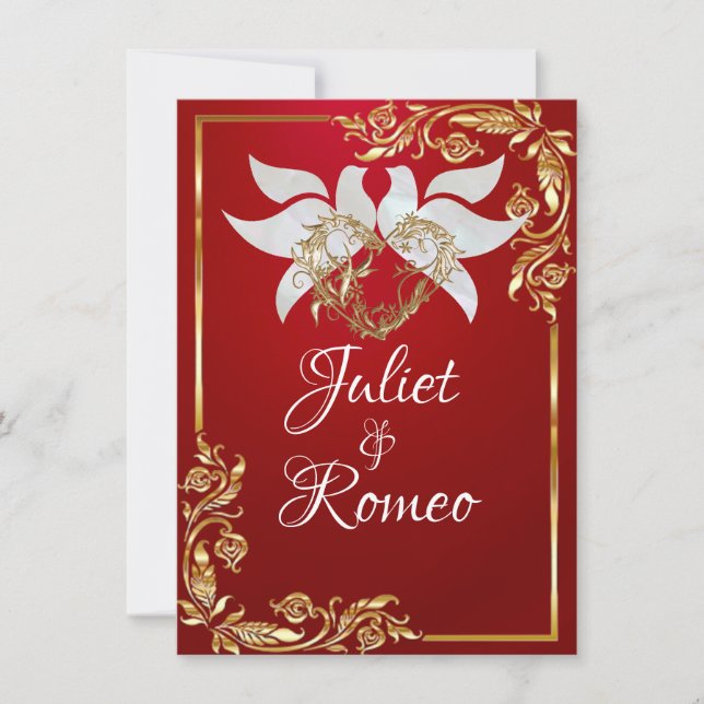 Doves, Heart, & Gold Leaves on Crimson Red Invitation (Front)