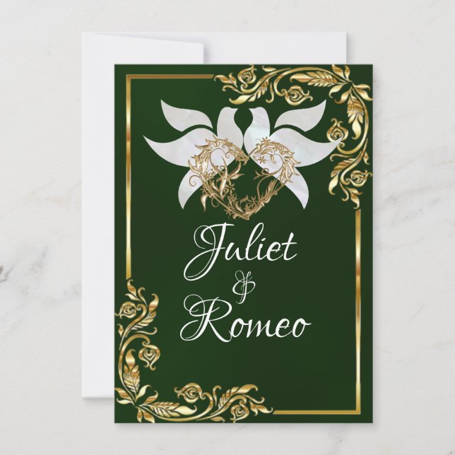 Doves, Heart, & Gold Leaves on Emerald Green Invitation (Front)