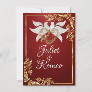 Doves, Heart, & Gold Leaves on Ruby Red Invitation