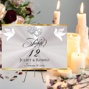 Doves & Heart - Pearl White/Silver Table Number