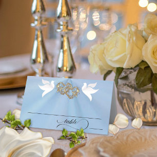Doves & Hearts - Blue Pearl/Gold Place Card