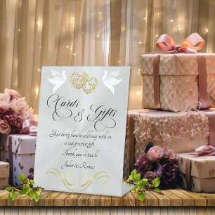 Doves & Hearts Cards & Gifts - White Pearl/Gold Pedestal Sign