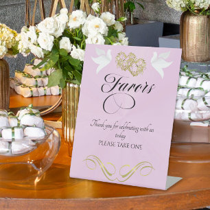 Doves & Hearts Favours - Pink Pearl/Gold Pedestal Sign