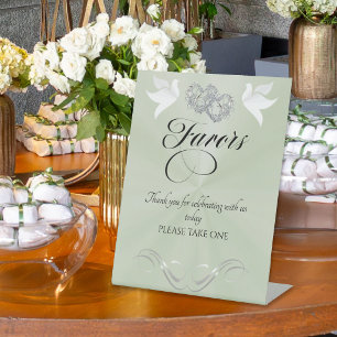 Doves & Hearts Favours - Sage Pearl/Silver Pedestal Sign