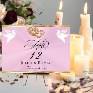 Doves & Hearts - Pastel Pink/Gold Table Number