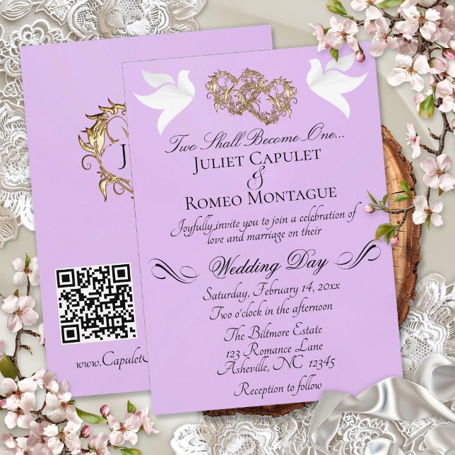 Doves, Hearts, QR Code - Lavender Pearl/Gold Invitation (Creator Uploaded)