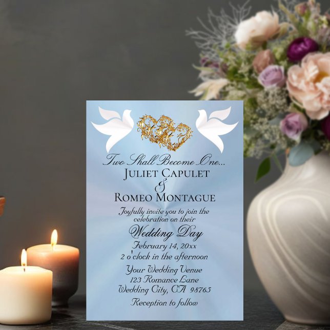 Doves, Hearts, QR Code - Pastel Blue/Gold Invitation (Creator Uploaded)