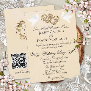 Doves, Hearts, QR Code - Peach Pearl/Gold Invitation