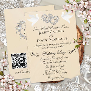 Doves, Hearts, QR Code - Peach Pearl/Silver Invitation