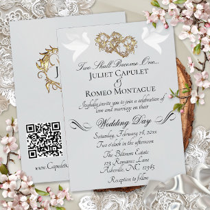 Doves, Hearts, QR Code - Silver Pearl/Gold Invitation
