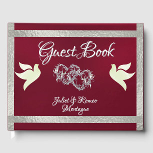 Doves, Hearts & Ribbon - Burgundy/Silver Guest Book