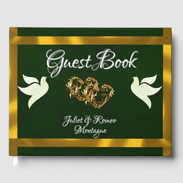 Doves, Hearts & Ribbon - Emerald/Gold Guest Book (Front)