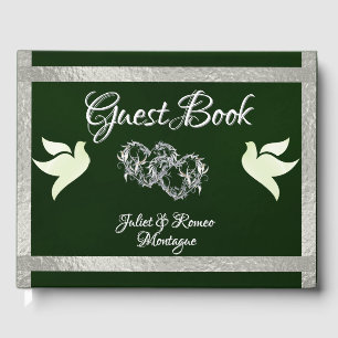 Doves, Hearts & Ribbon - Emerald/Silver Guest Book