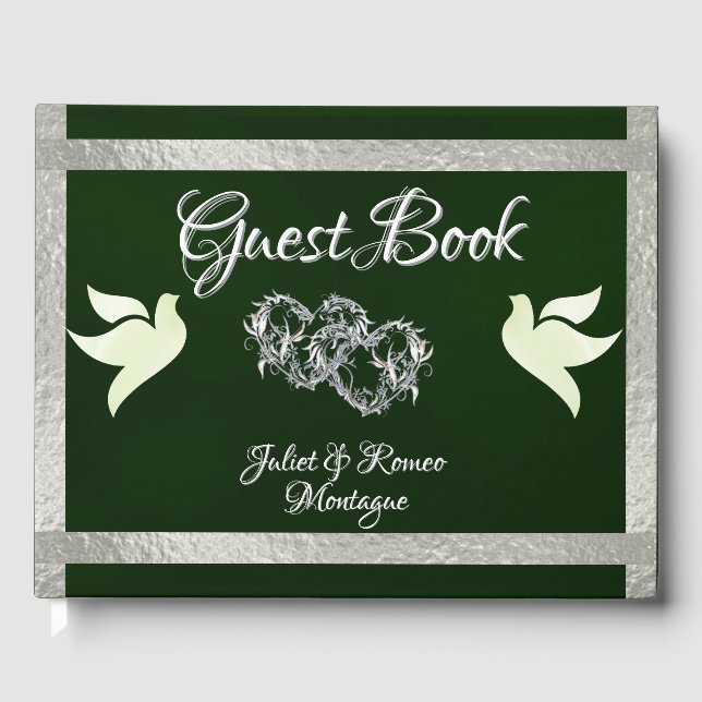 Doves, Hearts & Ribbon - Emerald/Silver Guest Book (Front)