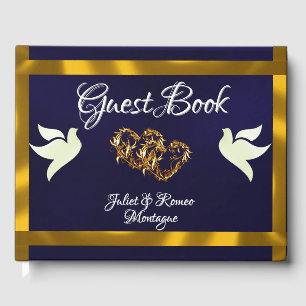 Doves, Hearts & Ribbon - Navy Blue/Gold Guest Book