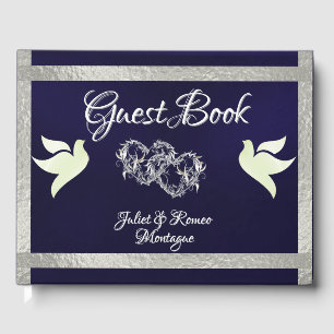 Doves, Hearts & Ribbon - Navy Blue/Silver Guest Book