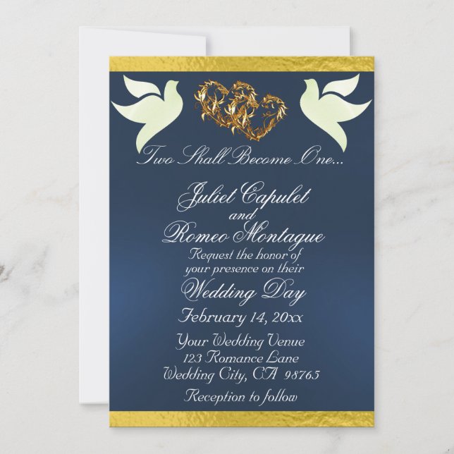 Doves, Hearts & Ribbon, QR Code - Blue/Gold Invitation (Front)