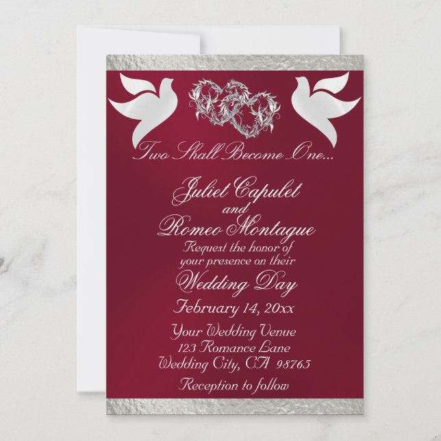 Doves, Hearts & Ribbon, QR Code - Burgundy/Silver Invitation (Front)