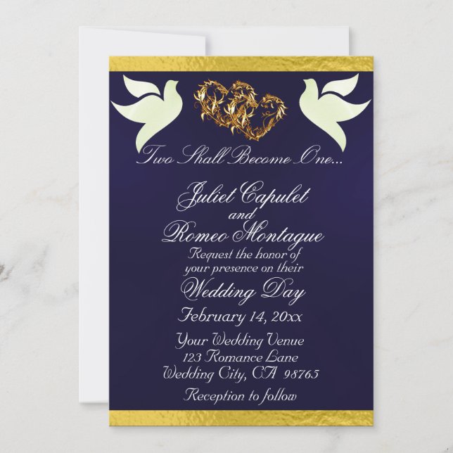 Doves, Hearts & Ribbon, QR Code - Navy Blue/Gold Invitation (Front)