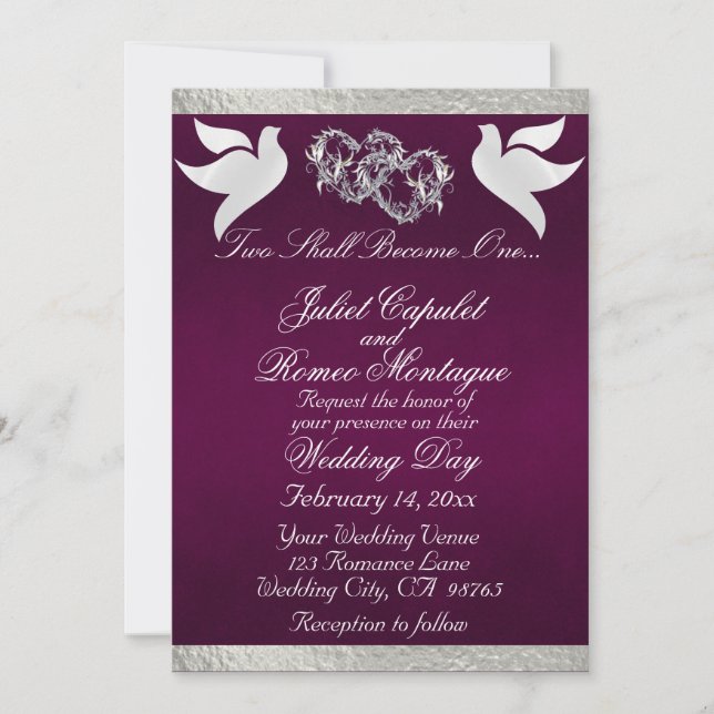 Doves, Hearts & Ribbon, QR Code - Purple/Silver Invitation (Front)
