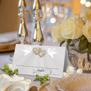 Doves & Hearts - White Pearl/Gold Place Card