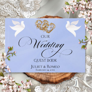 Doves & Linked Hearts - Blue Pearl/Gold Guest Book