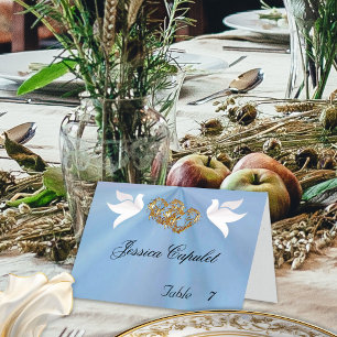 Doves & Linked Hearts Gold/Blue Place Card