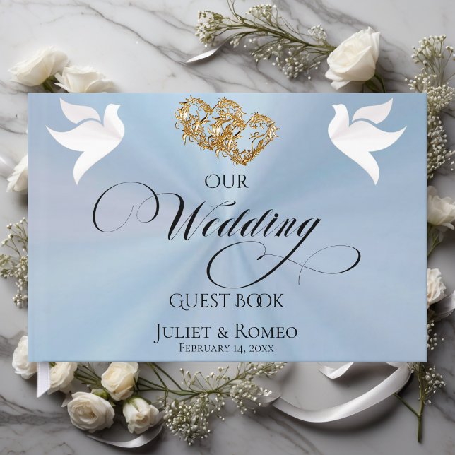 Doves & Linked Hearts - Pastel Blue/Gold Guest Book (Creator Uploaded)