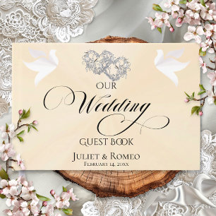 Doves & Linked Hearts - Peach Pearl/Silver Guest Book