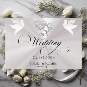 Doves & Linked Hearts - Pearl White/Silver Guest Book