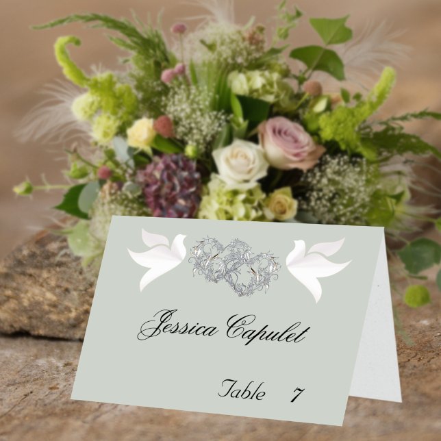 Doves & Linked Hearts Silver/Sage Place Card (Creator Uploaded)