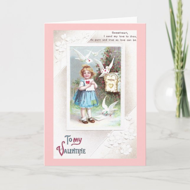 Doves, Mailbox & Girl Vintage Valentine Holiday Card (Front)