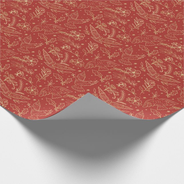 Doves Of Peace Red Shimmer Gold Foil Floral Wrapping Paper (Corner)