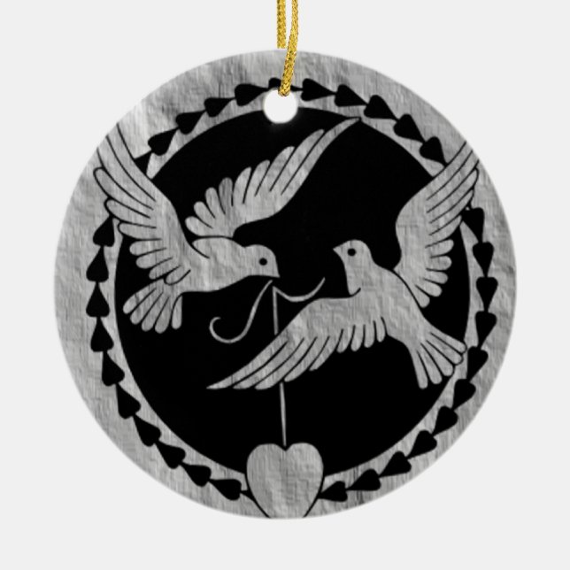 Doves on Brushed Metal Ceramic Tree Decoration (Front)