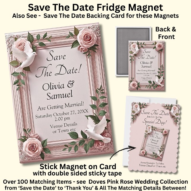 Doves & Pink Roses 3D Effect, Save The Date  Magnet (Creator Uploaded)