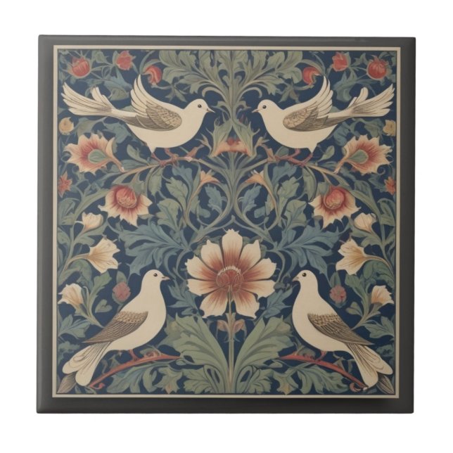 Doves William Morris style Four Dove Birds Ceramic Tile (Front)