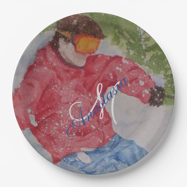 DOWN HILL SKIER PARTY MONOGRAM PAPER PLATE (Front)