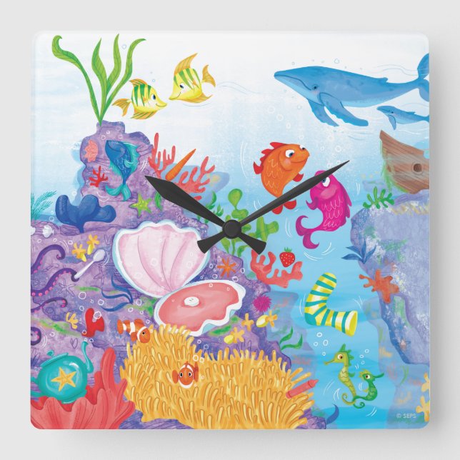 Down In The Ocean Square Wall Clock (Front)