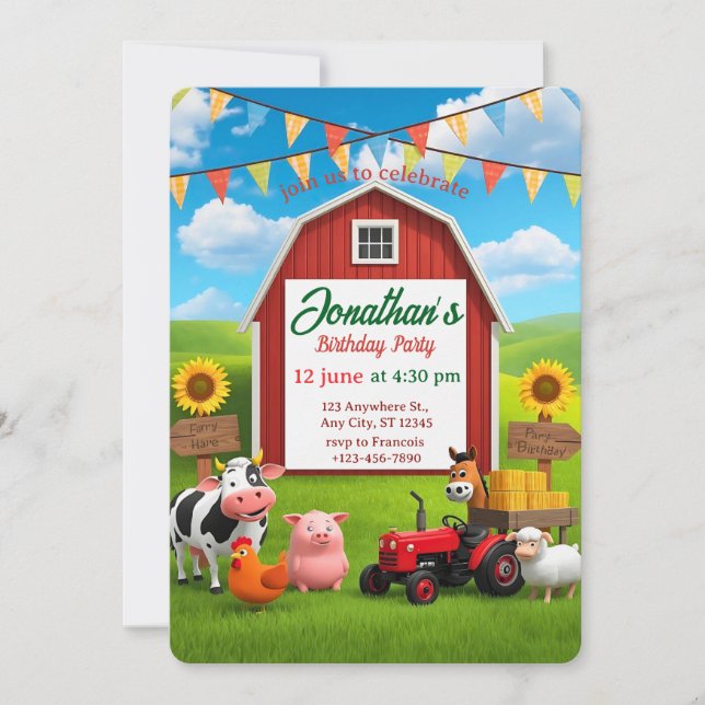 Down on the Farm Kids Birthday Invitation  (Front)